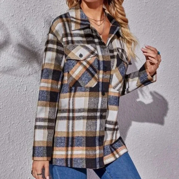 BTFBM Boutique NEW Plaid Flap Pocket Drop Shoulder Open Front Shacket Size S - Picture 2 of 10
